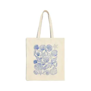 Blue Seashells Hand Drawn Cotton Canvas Tote Bag 15" x 16" - Eco-Friendly Beach Companion