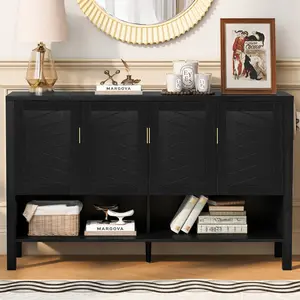 55.1 Inch Modern Geometric Door Sideboard MDF 4-Door Buffet Cabinet 3-Level Adjustable Shelves Lower Open Storage Dual-Side Hooks Aluminum Alloy Handles 120LBS Tabletop Capacity for Entryway Dining Living Room