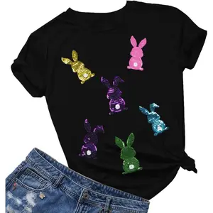 Women's Sequin Bunny Graphic Easter T-Shirt - Cute & Funny Short Sleeve Tee
