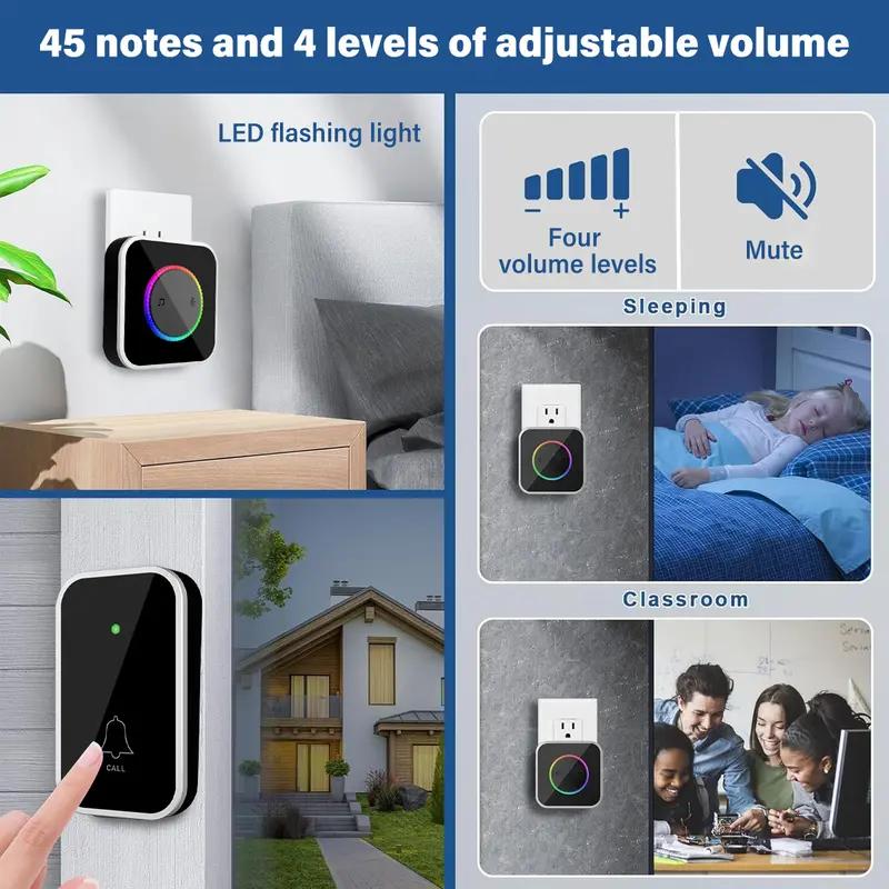 1000ft Long Range Wireless Doorbell with 45 Chimes & Colorful LED | Waterproof, Easy Installation, Adjustable Volume for Home, Office & Classroom.