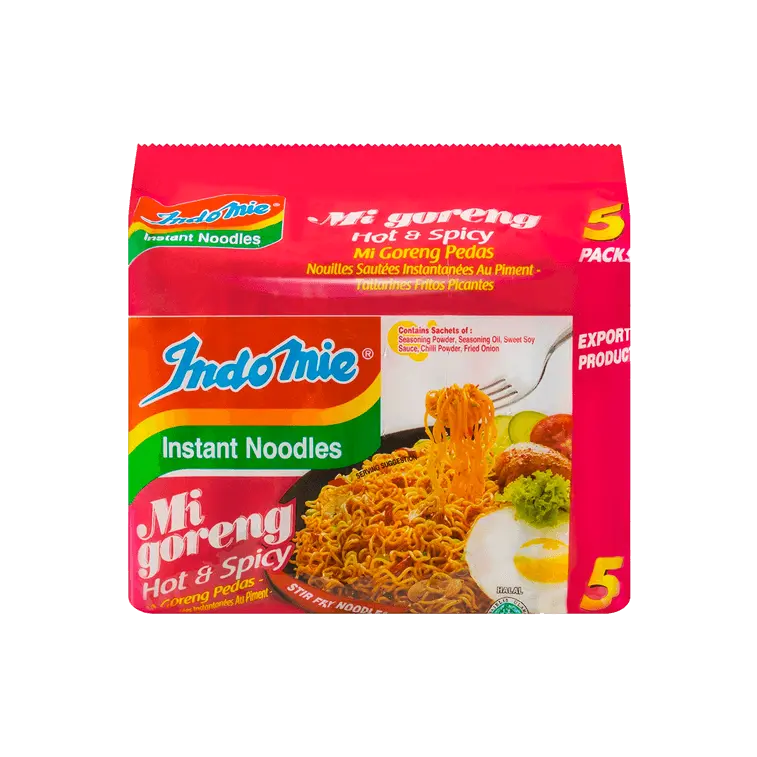 Savory Instant Food, Indomie Stir-Fry Noodles - Hot & Spicy Flavor, 80g x 5 Pack, Ambient, Dried Chili Powder, Fried Shallot.