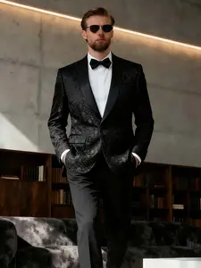 Men's Jacquard Suit Set with Apple Collar, Formal Wedding Party Wear, Slim-Fitting Leaf Print, All Seasons Casual Style Wedding Tuxedo, Formal Attire