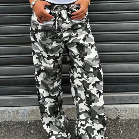 Women's Vintage Street Style Star Wide Leg Pants, Fall Winter High Waist Straight Leg Long Trousers, Casual Fashion for Daily Wear, Camouflage Loose Pants
