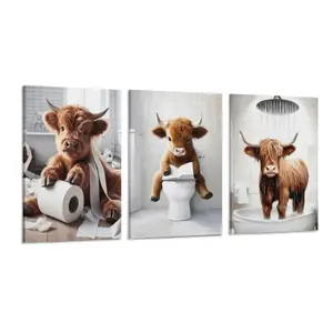 4-Count Waterproof Highland Cow Pattern Unframed Wall Art Prints, Rustic Farmhouse Bathroom Home Decor, Funny Animal Art Accessory Ornaments, Water Proof