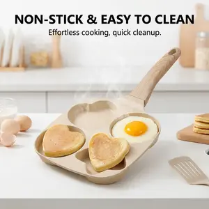Non-stick Egg Frying Pan, 4-Hole Heart-Shaped Pancake Pan with Wooden Handle, Granite-Style Breakfast Skillet – Small Nonstick Pan for Eggs, Omelets, Toast, Pancakes & Crepes, Easy-Clean Multifunctional Kitchen Gadget, Compact Birthday Gift