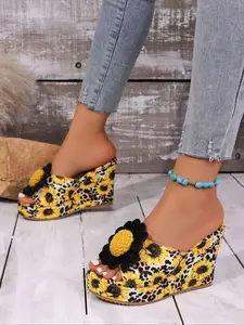 Women's Leopard Print Platform Shoes, Sunflower Flower Decoration High Heel Fish Mouth Sandals, Vacation Women's Slippers, Elegant Open Toe