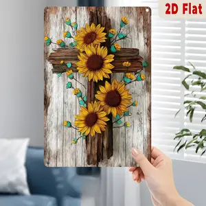 Flat Design Sunflower Cross Metal Sign, Rustic Christian Wall Art, Vintage Aluminum Plaque For Home, Church, Farmhouse, 8x12 Inch Religious Decor Gift