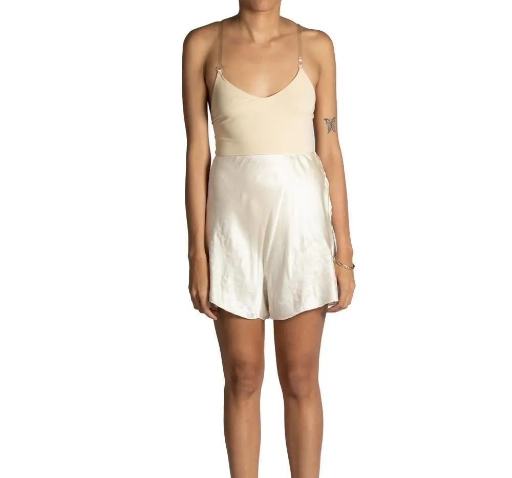 1930S Cream Bias Cut Silk Charmeuse Tap Short Knickers With Exceptional Hand Embroidery