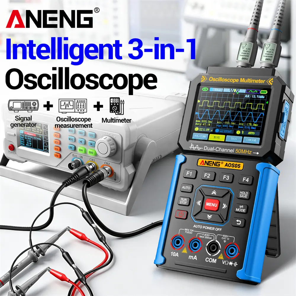 ANENG AOS05 Handheld 2-Channel Smart Oscilloscope Signal Generator, 50 MHz Bandwidth, 25000 Counts Multimeter, 0-750 V AC/0-9.999 A, Overload Protection, Data Cable Included, 200 mV/div-10 V/div Vertical Sensitivity, 32 Kb Record Depth, for Electricians
