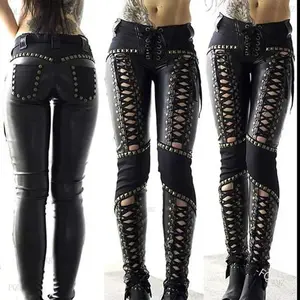 2025Rock Leather Pants  Spring Summer Skinny Fit w/ Straps & Buckles| Solid Color Faux Leather Trousers for Women  Womenswear Bottoms Basic