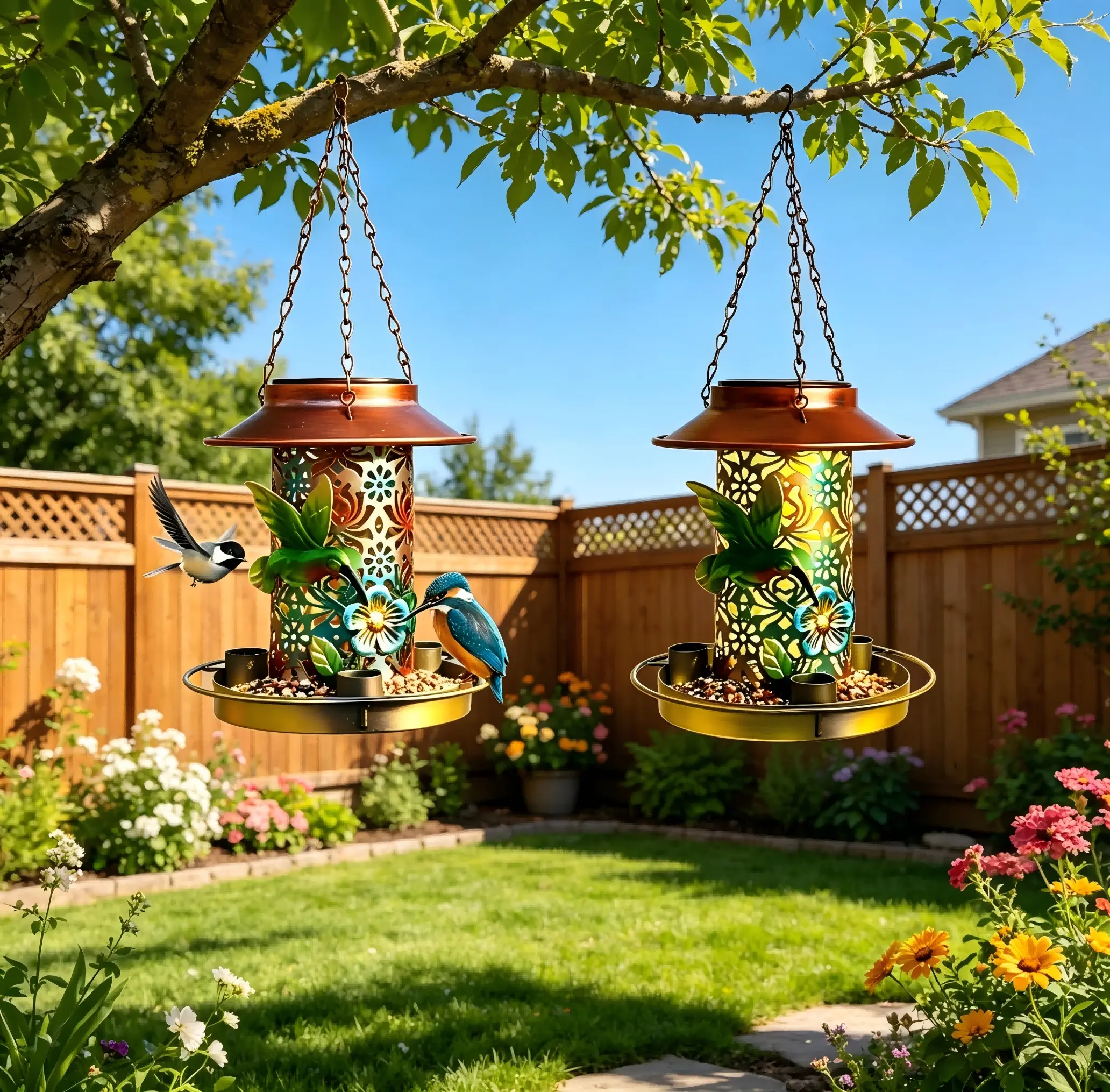 Solar-powered LED Warm Light, Hanging Metal Bird Feeder For Outdoor Use, Gift For Moms, Grandmas And Ladies, Metal Outdoor Wild Bird Feeder, Cardinal Feeder, Gift For Bird Lovers, Garden Decor, IP67 Waterproof Rating