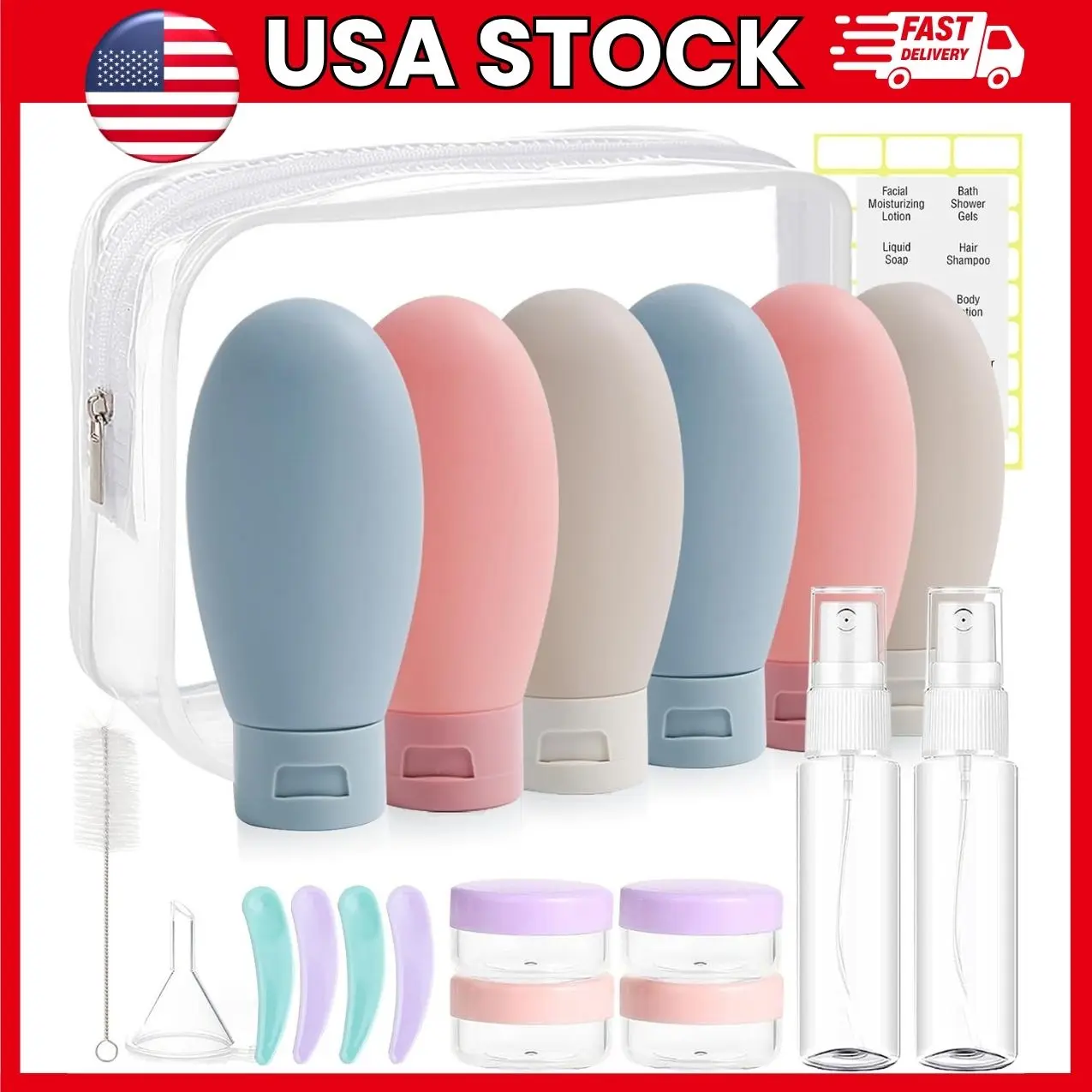 20-Piece Travel Toiletry Bottle Set, 2 oz Refillable Plastic Bottles with Spray Bottles and Jars, Travel Size Containers with Funnel, Labels, Cleaning Brush and Clear Storage Bag | travel bottles,toiletry containers,travel size bottles,refillable
