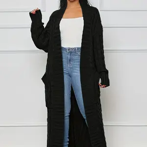 Fashion Women's Clothing Long Length Cable Knit Cardigan - Elegant Solid Long Sleeve Sweater With Pockets - Women's Clothing - Fall/Winter - Suitable Casual & Formal Occasions - Women ?   Fabric Fit Knitwear Womenswear Tops Basic