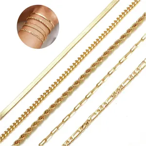 CASSIECA Women's 5/6Pcs Gold Plated Stackable Bracelets Set - Trendy Fashionable Accessories, 6.5" +2" Extender, Non-Tarnish Waterproof Daily Jewelry with Paperclip, Herringbone, Figaro Twist, Cuban Chains