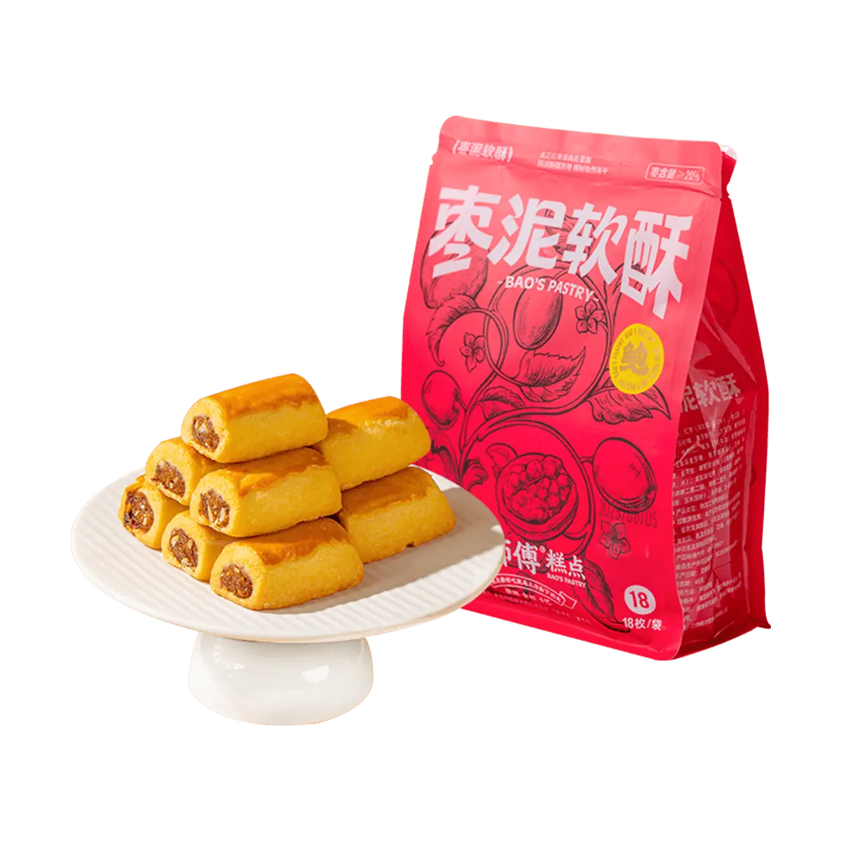 BAO'S PASTRY Jujube Paste Soft Crispy Traditional Chinese Pastry 18pcs 360g - Authentic Red Date Cake Snack