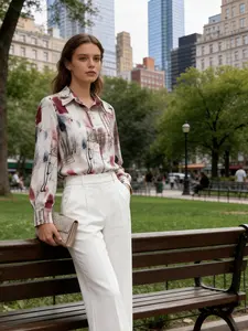 Womens Lady Button Down Shirts, Abstract Print Long Sleeve Blouse Chic Collared Fitted Casual Tops, Soft Fabric Feminine Patterned Blouse for Work Office Vacation -Womenswear,Shirts