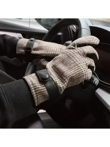 Men's Autumn/Winter British Checkered Wool Gloves, Business Driving Fleece-Lined Warm Touchscreen Leather Five-Finger Gloves