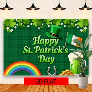 1PC 2D Flat St. Patrick's Day Backdrop Banner, Reusable Polyester Irish Festival Banners with Clover, Rainbow, Gold Coins, Beer, Green Hat Elements, Vibrant Design for Home, Party Photo Wall, Birthday Decor