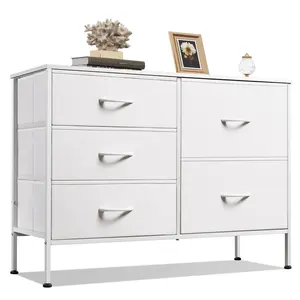 WLIVE Dresser for Bedroom with 5 Drawers, Wide Bedroom Dresser with Drawer Organizers, Chest of Drawers, Fabric Dresser for Living Room, Closet, Hallway, White