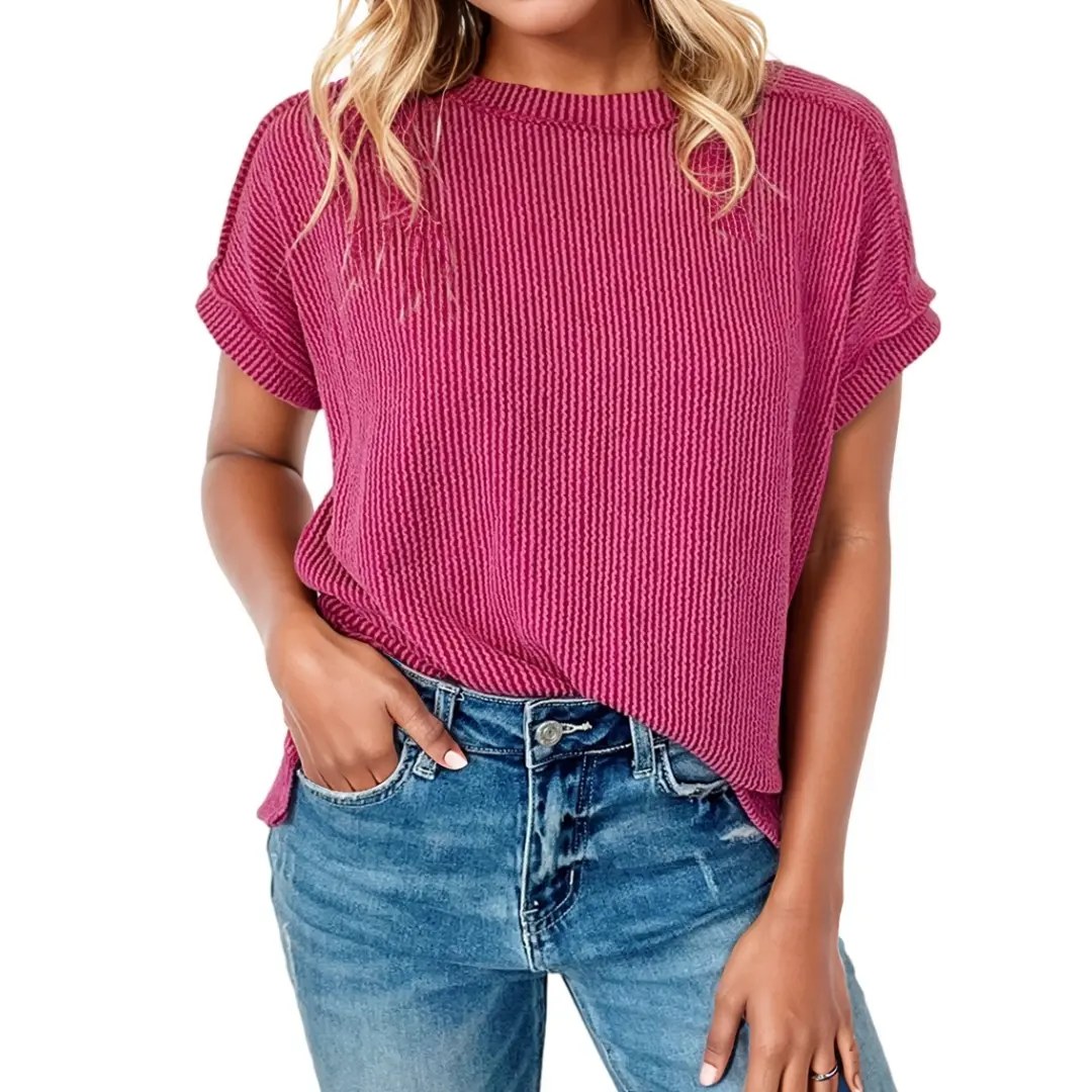 Asvivid Women's Casual Ribbed Knit T-Shirt, Short Sleeve Round Neck Loose Fit Summer Top, Basic Streetwear, Knitwear