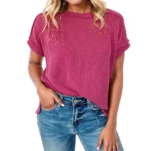 Asvivid Women's Casual Ribbed Knit Top, Summer Short Sleeve Loose Fit Crew Neck T-Shirt, Basic Streetwear Tee, Shortsleeve, Women's Clothes