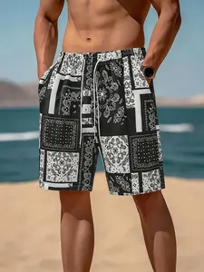 Men's Paisley Print Patchwork Shorts, Casual Summer Beach Shorts, Quick-Dry Drawstring Waist, with Pockets, Fitted Style