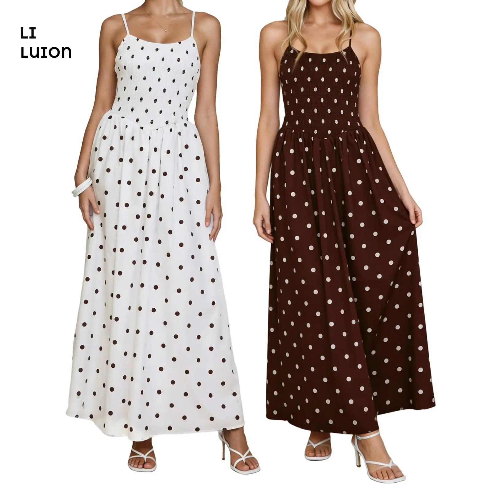 Women Polka Dot Maxi Dress Spaghetti Strap Aline Smocked Dress Flowy Beach Vacation Sundress
