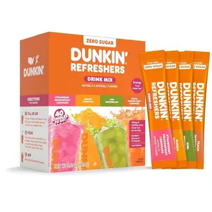 Dunkin’ Refreshers Singles To Go! Powdered drink mix packets, 40 Ct Variety Pack, 40 Single serve Packets per Box (40 servings), Energy from Green Tea, aspartame-free, no synthetic colors, naturally and artificially flavored, just add water
