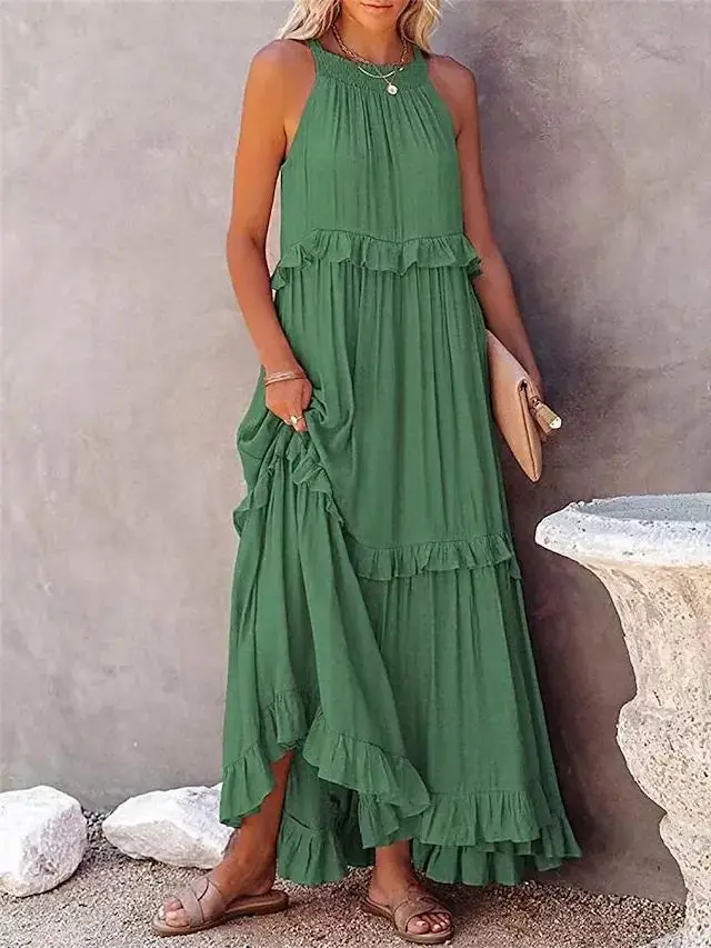 Women's Casual Lotus Leaf Hem Dress, Polyester Fabric, Solid Color, Loose Style, Ruffled