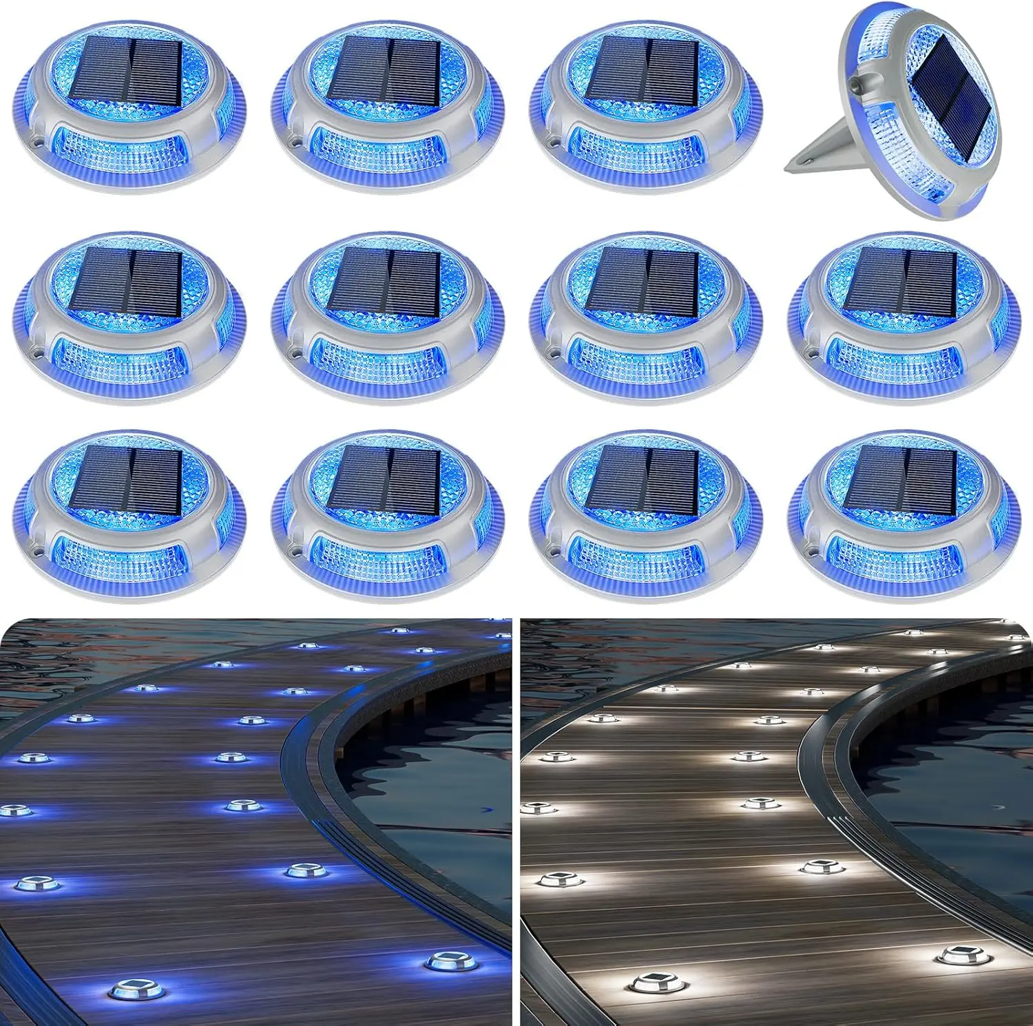 12-Pack Solar Dock Lights - 2-in-1 Blue & White LED Automatic Outdoor Aluminium Marker Lights, Water Resistant, 48h Illumination for Docks, Pathway Markers, Home Improvement