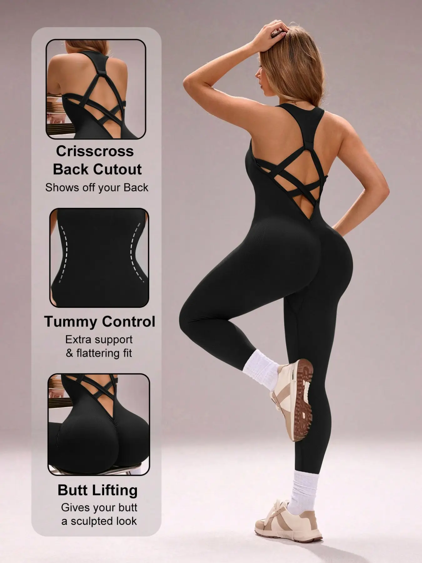 Women's Seamless Criss Cross Backless Sports Jumpsuit, Four-Way Stretch & Abdominal Shaping, All-Season Wear, Sleeveless Jumpsuits for Yoga and Fitness