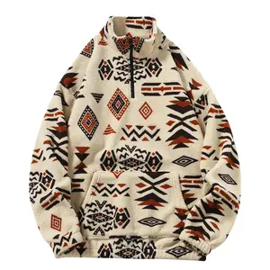 Men's Winter Fleece Half Zip Stand Collar Sweatshirt Loose Versatile Ethnic Style Fleece Lined Warm Pullover Casual Jacket Top with Geometric Pattern Menswear Coats Long Sleeve hoodies men fall outfits streetwear