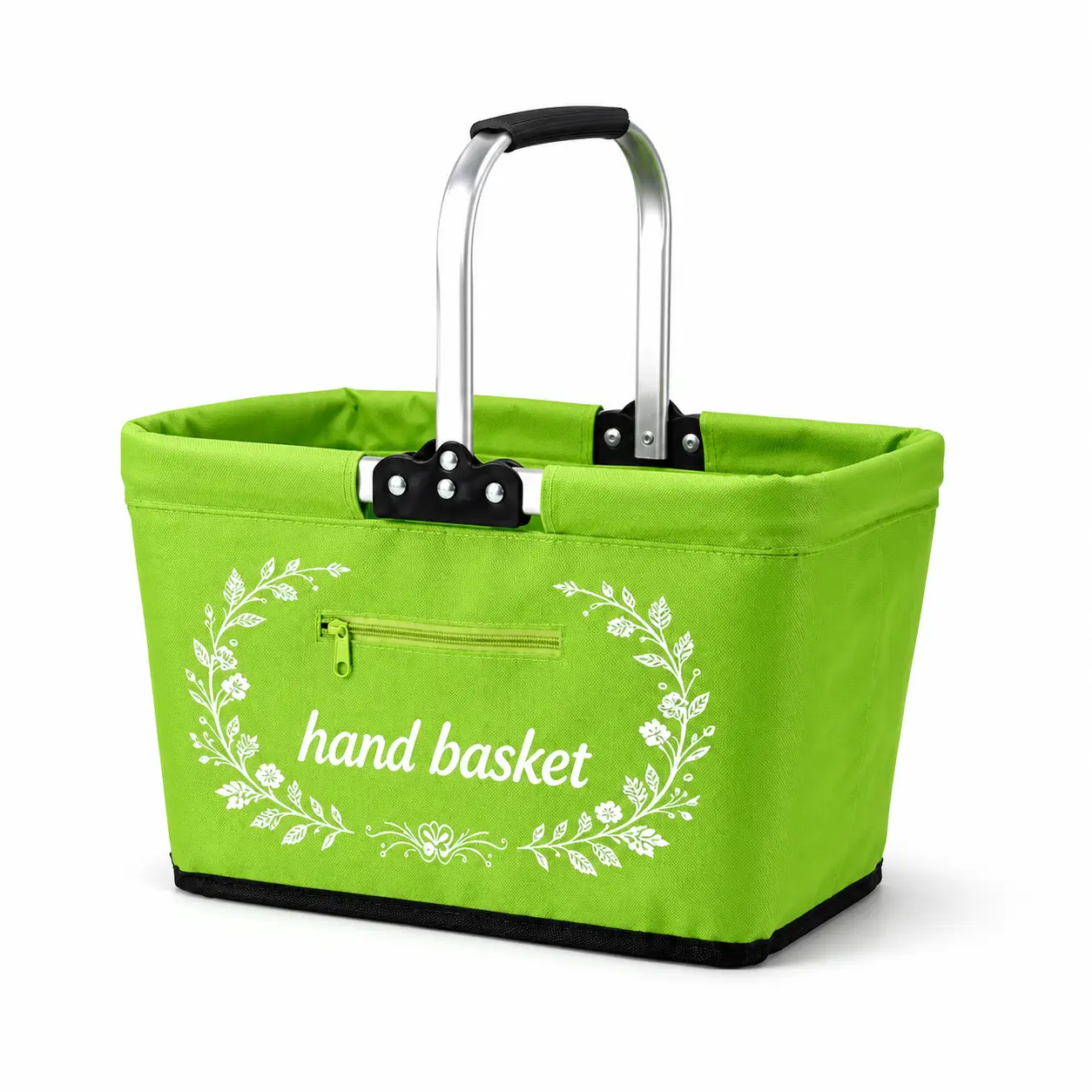 Green Foldable Aluminum Frame Basket with Floral Design, Large Zippered Side Pocket, Insulated Oxford Cloth Shopping Basket with Silver Handle, Portable Picnic Hand Basket for Grocery Shopping, Supermarket, Travel & Easy Transport