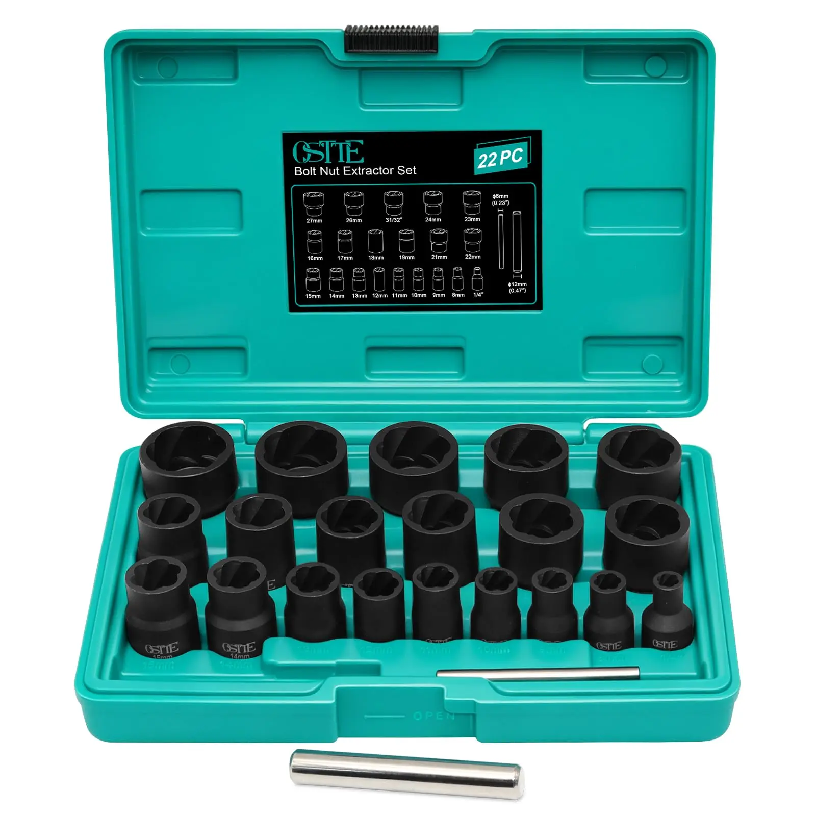 22Pcs Bolt Nut Extractor Set Metric 8-27mm, 1/2" & 3/8" Drive Impact Cr-Mo Steel Lug Nut Remover Socket, Wheel Lock Removal Kit for Damaged, Stripped, Frozen, Nuts & Screws