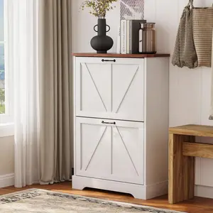 Farmhouse Shoe Storage Cabinet with 2 Flip Drawers, 23.6"(W) Freestanding Shoe Organizer with Barn Door and Metal Handles for Entryway, Rustic Narrow Slim Shoe Rack Cabinet - White