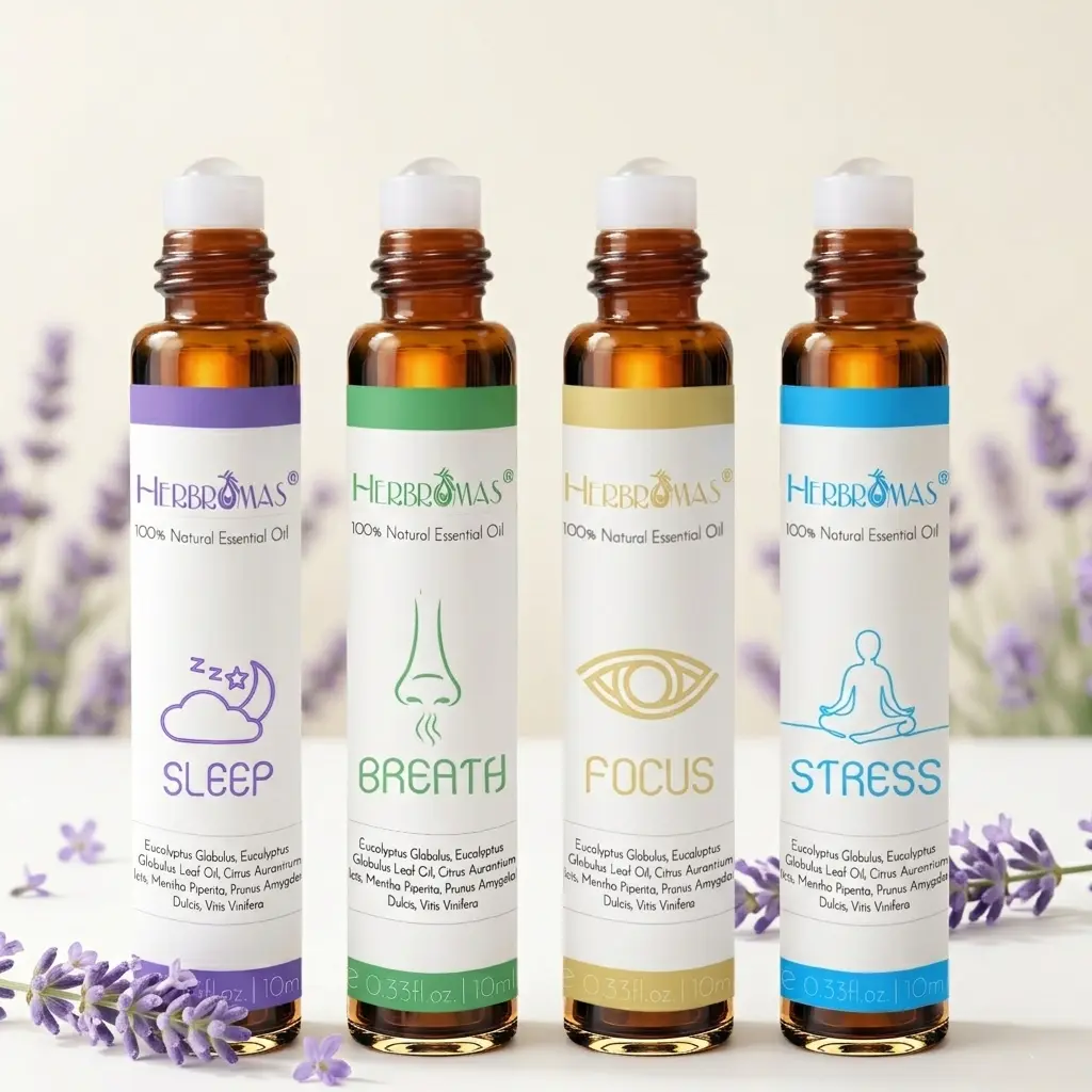 HERBROMAS Stress & Sleep Roll-On Herbal Body Oils - 4-Pack Travel Size Pre-Diluted Aromatherapy Rollers, Lavender Peppermint, Gentle Fragrance, Anxiety Relief, Wellness, Botanical Calming Solution (Beauty & Personal Care Bath & Body Massage Oil)