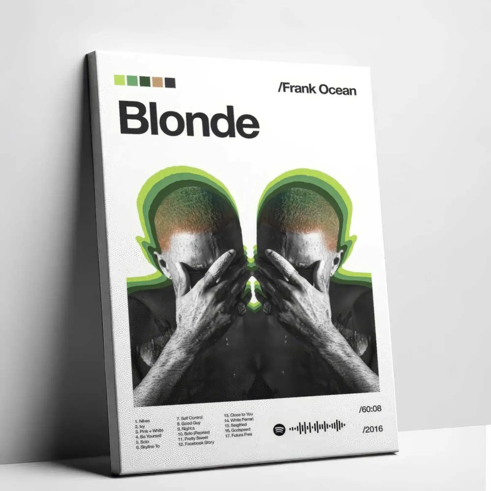Frank Ocean Blonde Album Tracklist Canvas Print,Green Gradient Mirror Portrait Spotify Code Wall Poster,2016 R&B Music Graphic Art Print,decoration for bedroom,dormitory,music studio,cafe,apartment,thoughtful wall decor gift for Frank Ocean R&B music fans