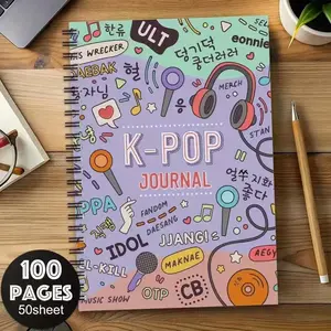K-Pop Diary Spiral Notebook Journal, Korean Drama Design with Headphones & Music Elements, 100 Pages, and K-Pop Theme