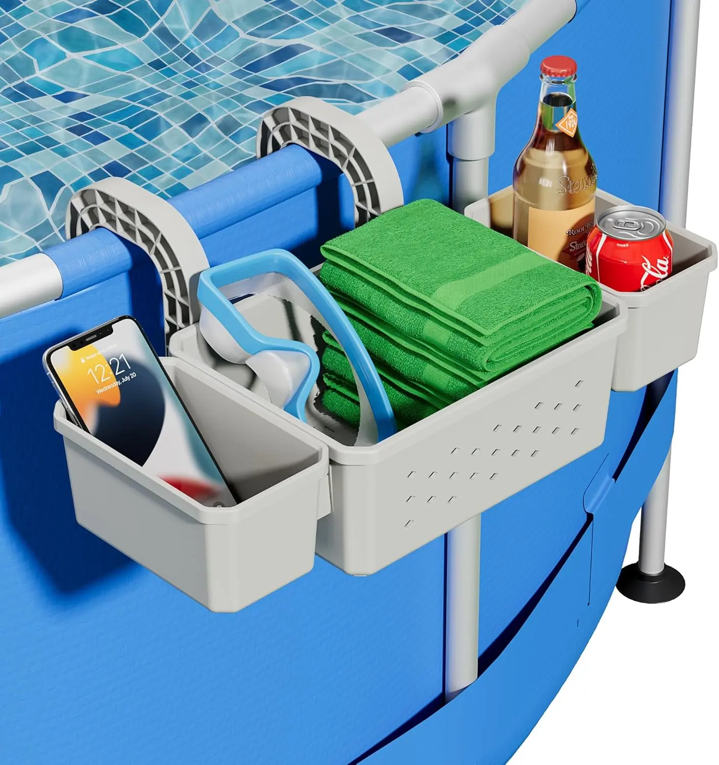 Poolside Storage for Above Ground Pool Accessories, Thickened Plastic Pool Basket with 2 Pool Cup Holder, Multifunctional Poolside Holder Fits for Most Frame Pools (1 Pack)