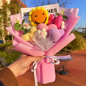 Handmade Crochet Yarn Flower Bouquet with Smiley Sunflowers, Hearts, Bows & Daisies - Cute Floral Decor for Home & Office, Perfect Gift for Mother's Day, Teacher's Day, Christmas & Valentine's Day