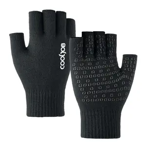 COOLJOB 2 Pairs Warm Knit Fingerless Gloves, Half Finger Winter Stretchy Mittens with Non-Slip Silicone Grip