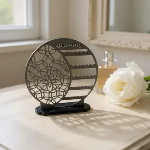 Personalized Name Jewelry Holder Handmade Gift Christmas Holiday Round Design with Elegant Cutout Patterns