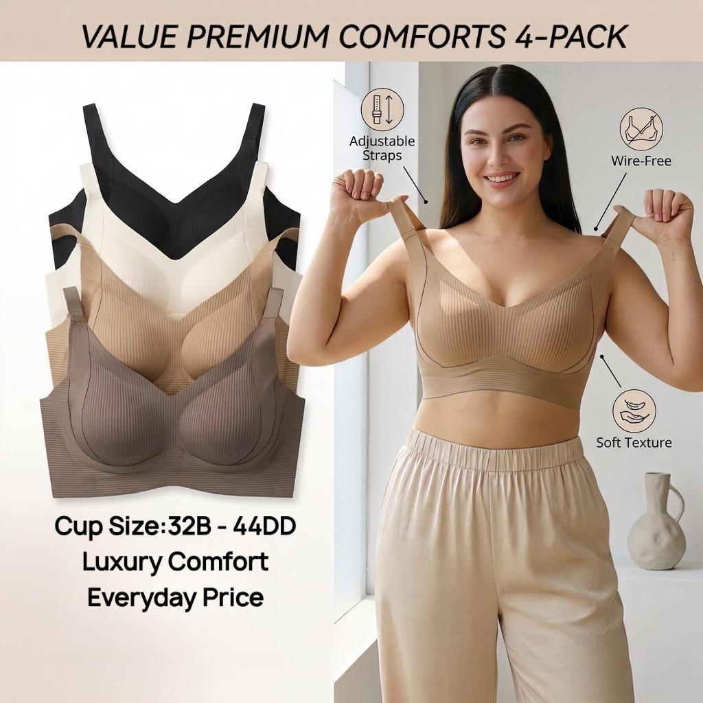 4PCS Solid Seamless Ribbed Push Up Bras, Wirefree Jelly Full Coverage Comfort Everyday Bralette, Plus Size Ultimate Lift Cool Sleep Bra No Padded Underwire