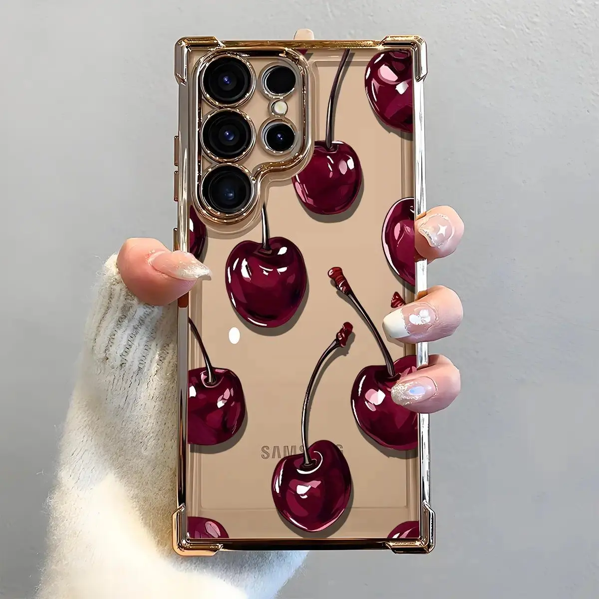 Sexy Wine Cherry Pattern Phone Case, Electroplated Cover with Airbag Shockproof Slim Soft TPU Cover for Samsung S26 S25 S24 S23 S22 Ultra S25Edge S24FE Plus S25+