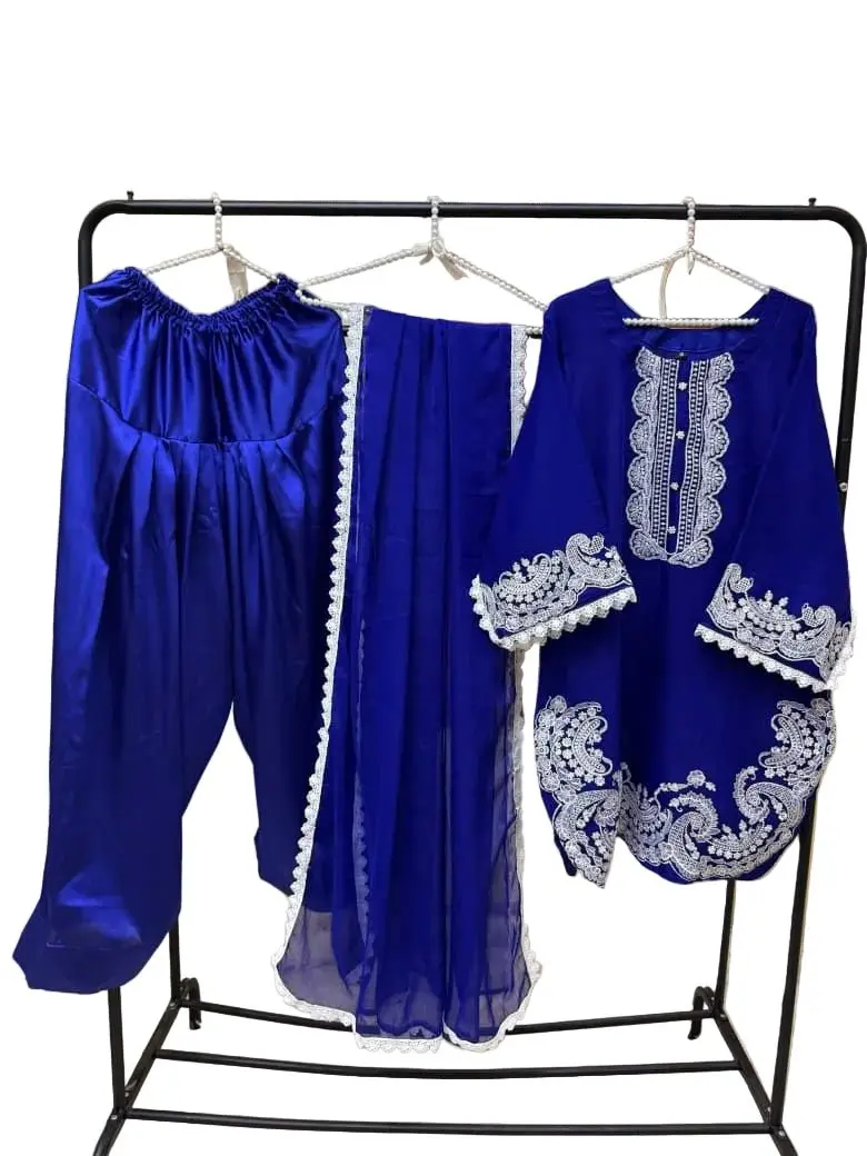 Royal Blue Embroidered Chiffon Kameez | Luxury Silk Farshi Salwar Party Wear