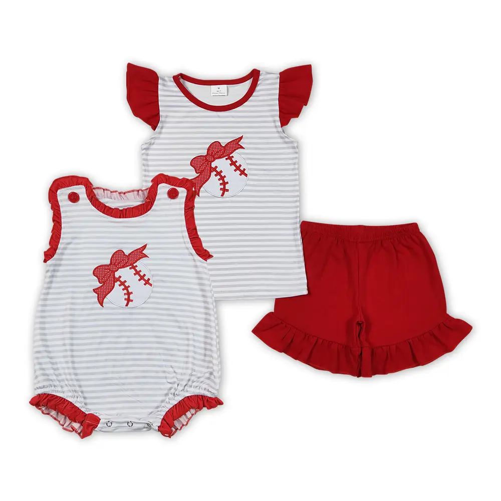 Little Girls' Red Striped Shorts Set with Baseball Bow Embroidery, Cute 2-Piece Toddler Clothes, Soft Comfortable Fabric, Striped Sets