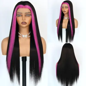 Aodbar Women's Straight Synthetic Wig - Long Silky Straight Black and Pink, Pre-Plucked Natural Hairline, Heat-Resistant Synthetic Hair, Glueless Hot Pink Skunk Stripe, Natural Density, for Party Wear, Cosplay