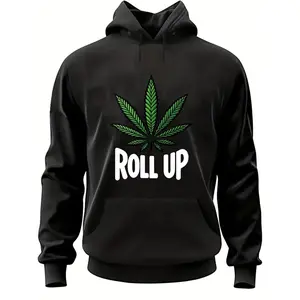 Roll Up Men's Leaf Print Polyester Hoodie Warm Pullover With Kangaroo Pocket And Drawstring Long Sleeves Perfect Casual Top Fall Outfits Menswear Sweatshirts