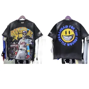 Vintage Washed Roughplay T-Shirt, Heavyweight White Ink Jesus Skull Print, Retro Rockabilly Bling Diamond Patchwork, American Hip Hop Unisex Streetwear Short Sleeve Cotton Tee