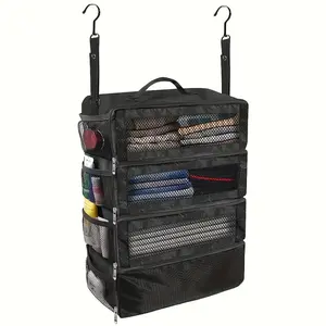 Luggage storage bag, portable hanging large capacity luggage storage bag, multi-compartment design - foldable carry-on suitcase, wall-mounted organizing storage box with hooks, Travel Clothes Organizer, suitable for home and travel use